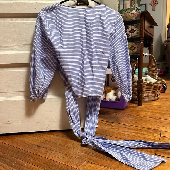 Zara Striped Blue Wrap around Blouse 3/4 sleeve XS - Picture 6 of 8